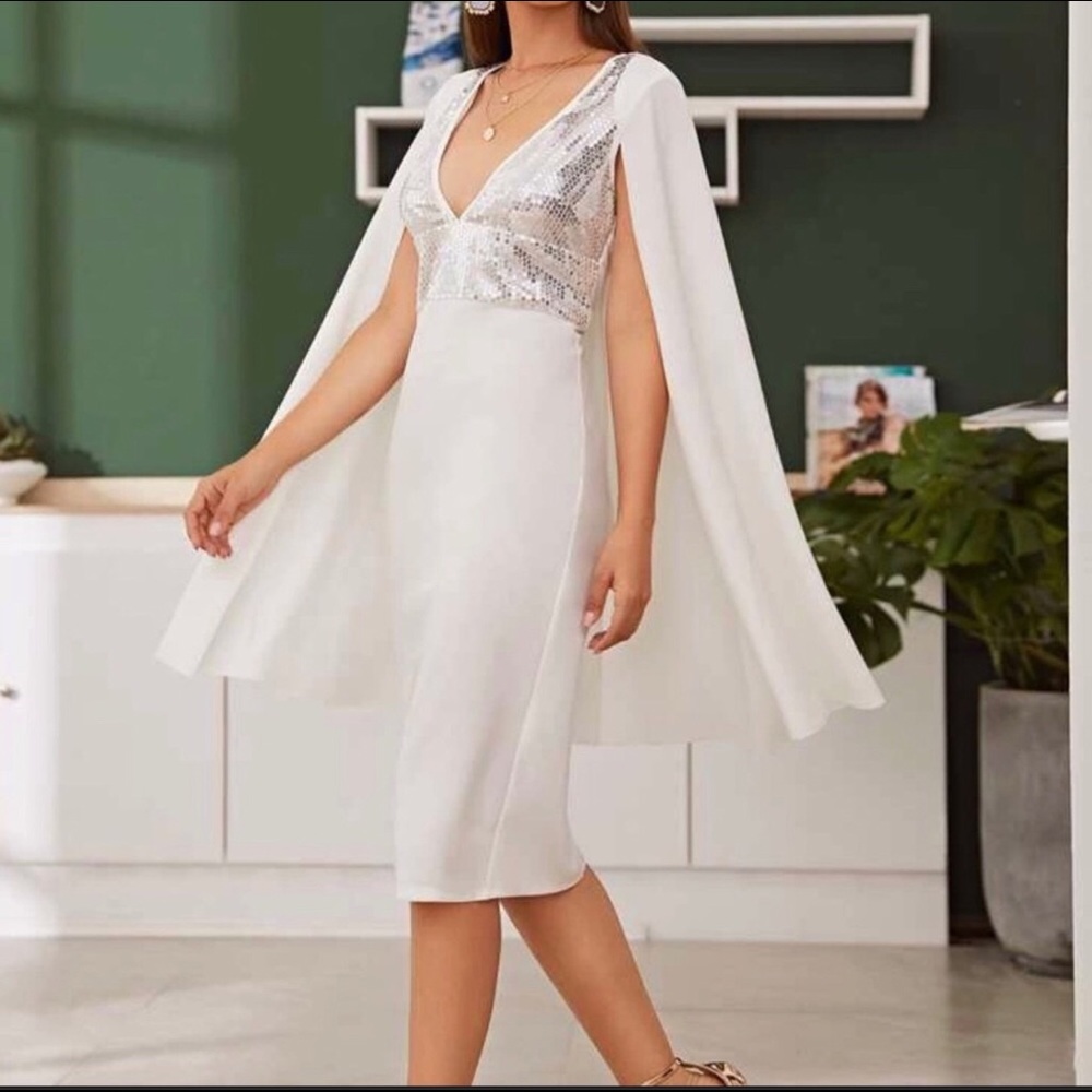 Sequin Bodice Cape Dress